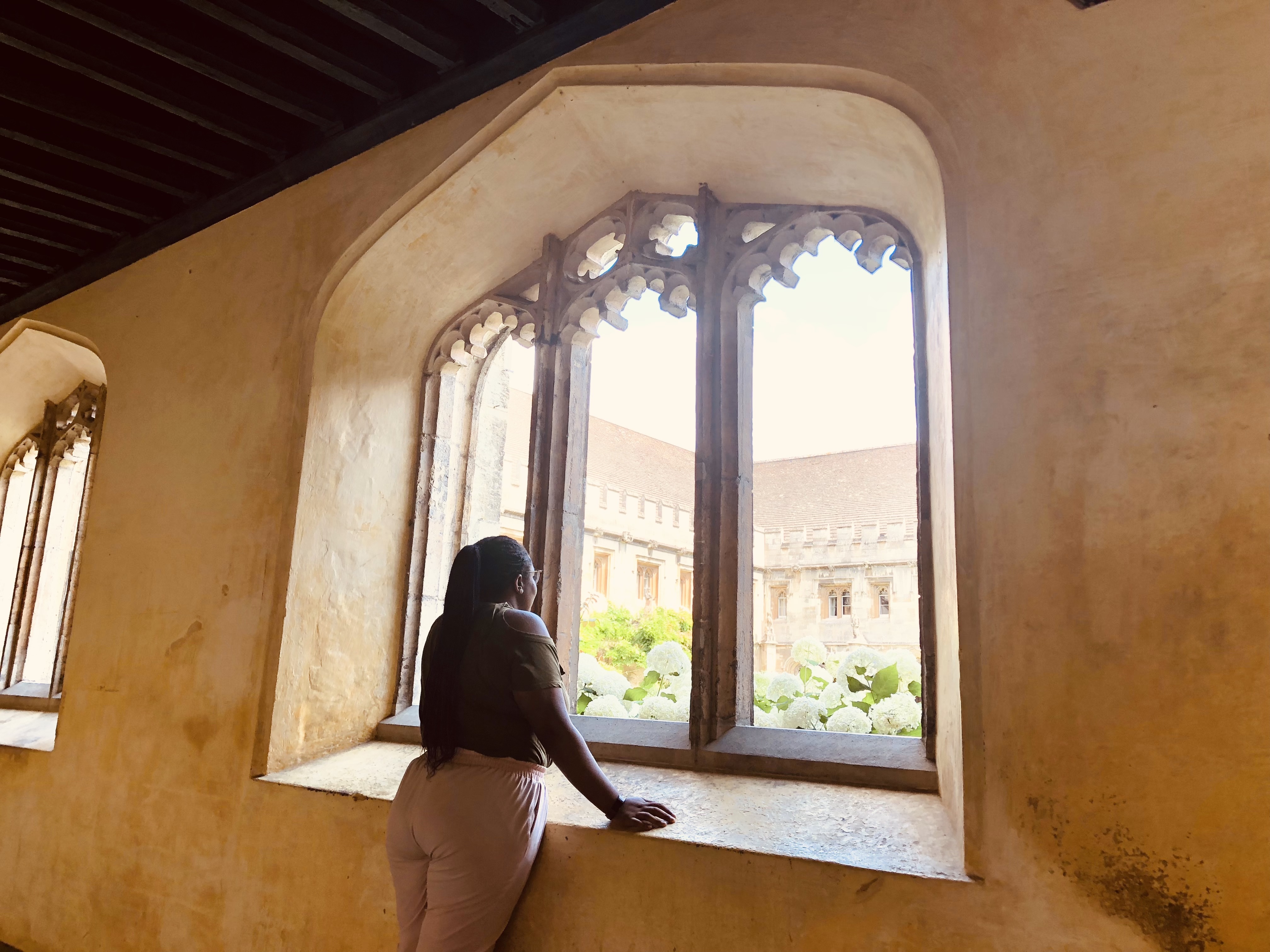 Drey admiring view at Oxford University as break from her summer study abroad in France.