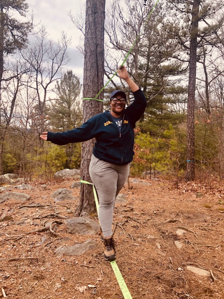 Drey slack-lining in Pennsylvania during the first weeks of lock down in 2020.